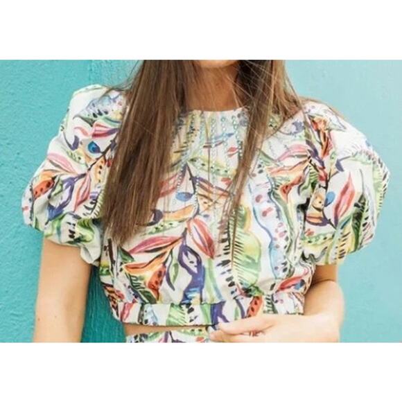 Queen of Sparkles Tropical Puff Sleeve Jeweled Crop Top Sz. M - Picture 3 of 10